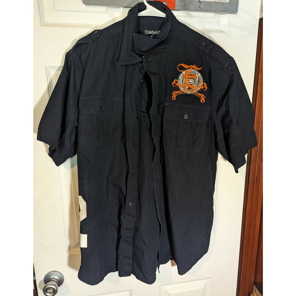 Marc Ecko Mens Short Sleeve Navy Button Up Shirt Patches Relentless Xl